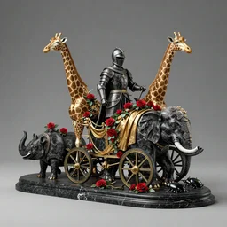 knight, Elephant, giraffes, horns, rino, wide angle, italian masterpiece, Ashford Black Marble, sculpture, baroque,  draped with red roses and vines and spines, marble and gold, drapes, white details, beetle, still life, Obsidian, portrait, chariot, render, artstation, ultra detailed