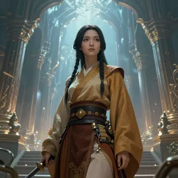 A fantasy comic book style portrait painting of a female monk in a stunning fantasy temple, unreal 5, DAZ, hyperrealistic, octane render, cosplay, RPG portrait, dynamic lighting