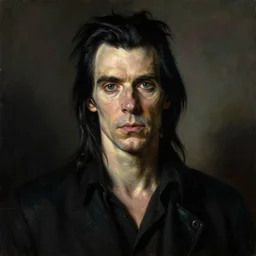 a portrait of nick cave, masterpiece, dramatic lighting, painting by caravaggio and ruan jia and daytoner and jakub rebelka