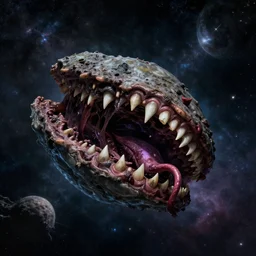 scary horror planet eater flying through cosmos