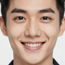 man smiling with no teeth, beady solid black eyes, no eyebrows