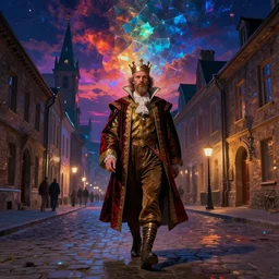 the king in disguise, walking through the streets of the city of blood and prisms, night skies, dramatic light, hyperrealistic, colorful skies, digital art, vray, john atkinson grimshaw, ivan aivazovsky