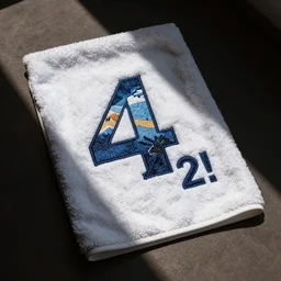 a fluffy towel with number!! 4 2!! embroidered on it
