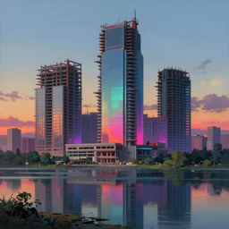 a beautiful very detailed painting of casino city unfinished building building architecture abandoned by pierre de meuron, azeroth studio ghibli vaporwave neon noir cyberpunk nature tron fisheye lake at dawn sunset, archdaily, wallpaper, highly detailed, trending on artstation.