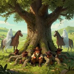 hobbits wearing cowboy hats hiding under a the roots of a tree. wraiths on horses looking for them, artstation digital art