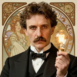 portrait of nikola tesla holding a glowing lightbulb, kind eyes, wearing a black tuxedo, hyper realistic face, beautiful eyes, fantasy art, in the style of greg rutkowski, intricate, alphonse mucha, hyper detailed, smooth