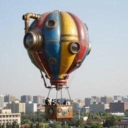 large colorful futuristic space age metallic steampunk steam - powered balloons with pipework and electrical wiring around the outside, and people on rope swings underneath, flying high over the beautiful beijing city landscape, professional photography, 8 0 mm telephoto lens, realistic, detailed, photorealistic, photojournalism