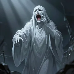 a roaring and crying ghost, tall, silver skin, illustration, cinematic lighting, 8 k, d & d, frostbite 3 engine, dof, artstation, intricate, digital art, crepuscular ray, art by tsuyoshi nagano, greg rutkowski, stanley artgerm