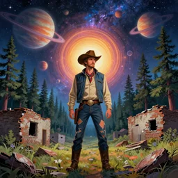 psychedelic, trippy, broken cowboy, chicago ruins, pine forest, planets, milky way, cartoon by rob gonsalves