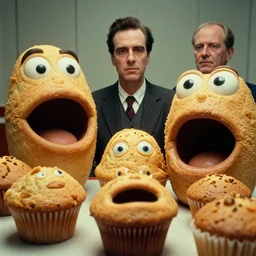 giant puppet muffins with big mouths and little eyes. scorsese, wes anderson, kodachrome, fred herzog. epic view. cinestill film tones, by chesley bonestell, vincent di fate