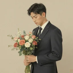 guy holding flowers, looking nostalgic, in love, in a dapper suit, artwork by Cheng, Hsiao-Ron