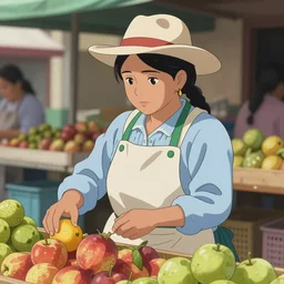 Bolivian woman with apron and hat selling fruits in a Latin American market in anime style