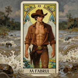 a dramatic, epic, ethereal tarot painting of a handsome brown shirtless man (dressed as a cowboy) | background is a torrential flooding river | tarot card, art deco, art nouveau | by Mark Maggiori | trending on artstation