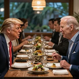 Trump and Biden having dinner at a fancy Balinese restaurant, award winning photography, 85mm, perfect faces