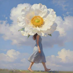 grande flower head, woman walking, surreal, clouds in sky, impressionist painting, digital painting, artstation, rob gonsalves
