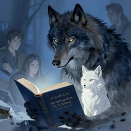 concept art of fitzchivalry reading the book les antiseches du bonheur of jonathan lehmann, the black wolf nighteyes is lurking toward the book warmly over his shoulders, by aenaluck, artgerm and roberto ferri and greg rutkowski, blue and white tones, digital painting, artstation, concept art, smooth, sharp foccus ilustration hq
