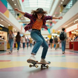 colorful. skateboarding in a 1 9 8 0 s shopping mall. experimental art film still. special effects. ilm. cinematography masterpiece. heavy depth of field. cannes film festival winner. trending. hd. 4 k. surreal. scene. beautiful. moving.