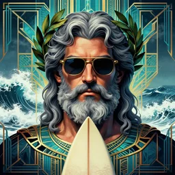 synthwave outrun art - deco artdeco greek god poseidon wearing sunglasses and a laurel wreath | highly detailed | grey hair and beard | surfer | very intricate | symmetrical | cinematic lighting | award - winning | closeup portrait | 8 0 s nostalgia | crashing waves, stormy ocean in the background | painted by donato giancola and mandy jurgens and charlie bowater | featured on artstation