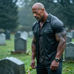 dwayne the rock johnson visiting a graveyard in the rain, sad feeling, photorealistic, moody lighting,