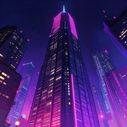 looking up at a neon lit skyscraper in a brutalist neon lit blade runner city in the style of Rob Lefield and Ralph McQuarrie, trending on artstation, digital art, third person perspective, viewed from below