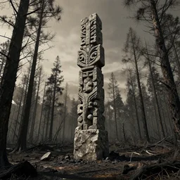 a stone brutalism totem in burned forest in style of dark souls eclipse landscape