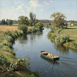 A beautiful curvy river in europe, surrounded by fields and trees. A dinghy is slowly moving through the water. Sunny weather, painting in a style of Rembrandt