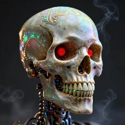 a 3D sculpting mechanical skull, very ornamented, luminous colors, the jaw showing the teeth, red eyes,contrasting against a dark background with vapor,hyperealistic, hyperdetailed, digital sculpting, cinema 4D, 8k, Billelis style, very beautiful