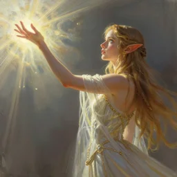 side view elf mage woman reaching out towards the light, sketch, concept art