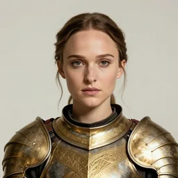 head and shoulders portrait of a female knight, young natalie portman, golden etched armor, lord of the rings, celtic hair braid, eldritch ruby amulet, thunderstorm, by artgerm, alphonse mucha, face detail, sharp focus, high key lighting, vogue fashion photo