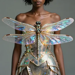 brown woman wearing a shiny dragonfly armor. iridiscent. super detailed. layered. textured. award winning. dispersion of light. refracted lighting. soft. fragile. by ray caesar. by louise dahl - wolfe. by andrea kowch. surreal photoraphy