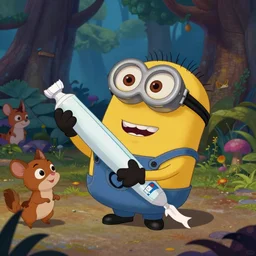 A minion is relieved by the toothpaste on his body, Movie frame from the coloured Disney animated motion picture released in 1946, beautiful enchanted forest full of critters, directed by Walt Disney, highly detailed background paintings by Thomas Kinkade