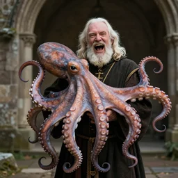 a widescreen colorchrome portrait photo of a medieval old happy screaming priest, holding a giant giant octopus, style steve mccurry octane render 8 k