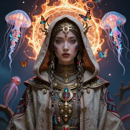 beautiful goddess portrait tribal beautiful slavic russian monk in hooded princess queen, ancient high tech, cyberpunk, dystopian, jellyfish phoenix dragon, butterfly squid, burning halo, intricate artwork by Tooth Wu and wlop and beeple, greg rutkowski and artgerm, cinematic, hyper realism, high detail, octane render, unreal engine, 8k, Vibrant colors, Smooth gradients, High contrast, depth of field, aperture f1.2