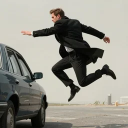 man in black coat, jumping away from a car, in the style of geof darrow and steve skroce, 8 k, high resolution, sharp, full detail, artstation, deviant art