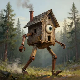 a walking wood castle with mechanical legs, one big eye, smoky chimney, rust, hyperrealistic, highly detailed, cinematic, single ray of sun, morning, pareidolia, dynamic composition, gravity falls style, beautiful, pine trees in the background, cgssociety, artstation, 8 k, oil painting, by rhads