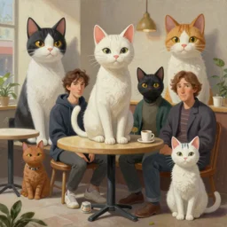a mixed media closeup portrait painting of an aesthetic cat cafe, minimalist, by frank frazetta, thomas kinkade, greg rutkowski, beeple, yoko taro, christian macnevin, beeple, wlop and krenz cushart, epic fantasy character art, volumetric outdoor lighting, midday, high fantasy, cgsociety, cheerful colours, full length, exquisite detail, post - processing, masterpiece, cinematic