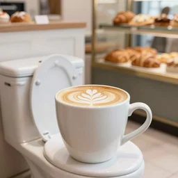 latte in a mug imitating a toilet, fresh bakeries in the background, in a bright cafe, 3 5 mm, f 1. 8