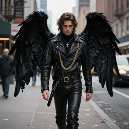 black angel, leather jacket, gorgeous, gold chain, black wings, on the streets of new york, rich details, smoke, marginal light, full body steampunk, by amano yoshitaka karol bak sophisticated photography