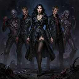 lady from hunt showdown in seductive coat and pantyhose on highheels, cosmic horror style, intricate, seductive confident pose, realistic, highly detailed, digital painting, art by wlop and artgerm and ross tran and greg rutkowski, fritz willis, charlie bowater
