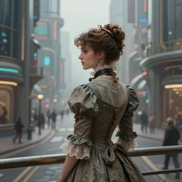 portrait of a victorian lady in a futuristic city, from behind, streets, beautiful, super super super super super solarpunk!!!, highly detailed, digital painting