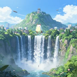 tiny mononoke spirit in front of a japanese city in the mountain surrounded by waterfall. cyberpunk, boats flying. beautiful blue sky. gorgeous epic nature, lofi, vivid colors, amazing light, by jeremy lipkin, by claude monet, heavily inspired by makoto shinkai, inspired by ghibli, masterpiece, multiple brush strokes, impressionist style