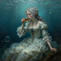 a 1 8 th century, messy, silver haired, ( ( ( mad ) ) ) elf princess ( look like ( ( young kate winslet ) ) ), dressed in a frilly ( ( ragged ) ), wedding dress, is ( ( drinking a cup of tea ) ). everything is underwater! and floating. greenish blue, melodramatic, ( ( green lights ) ) fantasy oil canvas by jakub rozalski, jan matejko