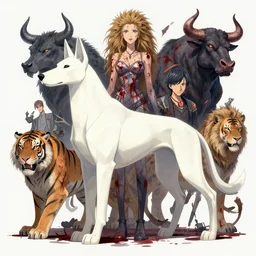 high intricate full shot of a white pentamorphic hellhound, lion, tiger, wolf, bull, demon, covered in blood, maria panfilova, andrea savchenko, mike kime, ludovic plouffe, qi sheng luo, oliver cook, makoto shinkai, trending on artstation