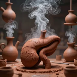an alchemical laboratory of vapour voices made from ceramic vessels, air flow, clay, no humans, alchemy, steam, larynx, oesophagus texture, clay pipes, 8 k, unreal, high resolution, vivid rusty colours,