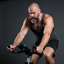 ethan van sciver as a big man with a bald head, trimmed grey beard and pointed nose, sitting on and using his peloton exercise bike, photorealistic, dramatic