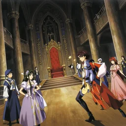 key anime visual portrait of a castle's main hall interior with throne, servants, nobles, dynamic pose, dynamic perspective and angle, cinematic, film grain, designed by yoh yoshinari, detailed, intricate, at night, dramatic lighting, costumes by mika pikazo