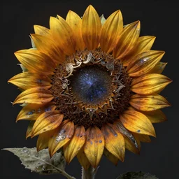 the supernova of a petrified wild sunflower, cosmic stone and metal, details, scifi, dark fantasy, intricate, decadent, ornate, highly detailed, digital painting, octane render, ray tracing reflections, 8 k, artstation, concept art, smooth, sharp focus, illustration, art by artgerm, loish, by wlop