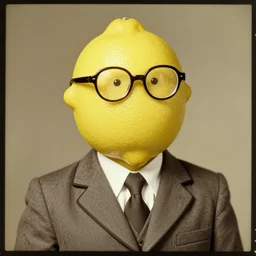a lemon character wearing a suit and glasses, vintage photograph