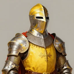A fancy portrait of a yellow medieval Holy Knight by Greg Rutkowski, Sung Choi, Mitchell Mohrhauser, Maciej Kuciara, Johnson Ting, Maxim Verehin, 8k photorealistic, volumetric lighting, HD, high details, dramatic, trending on artstation