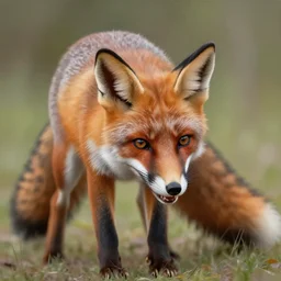 beautiful lifelike painting of a fox chewing its own tail, hyperreal detailed facial features and uv lighting, art by ed roth and basil wolverton